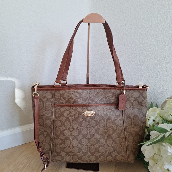 NWT Coach khaki/saddle Peyton zip top tote F33998 - Picture 3 of 7